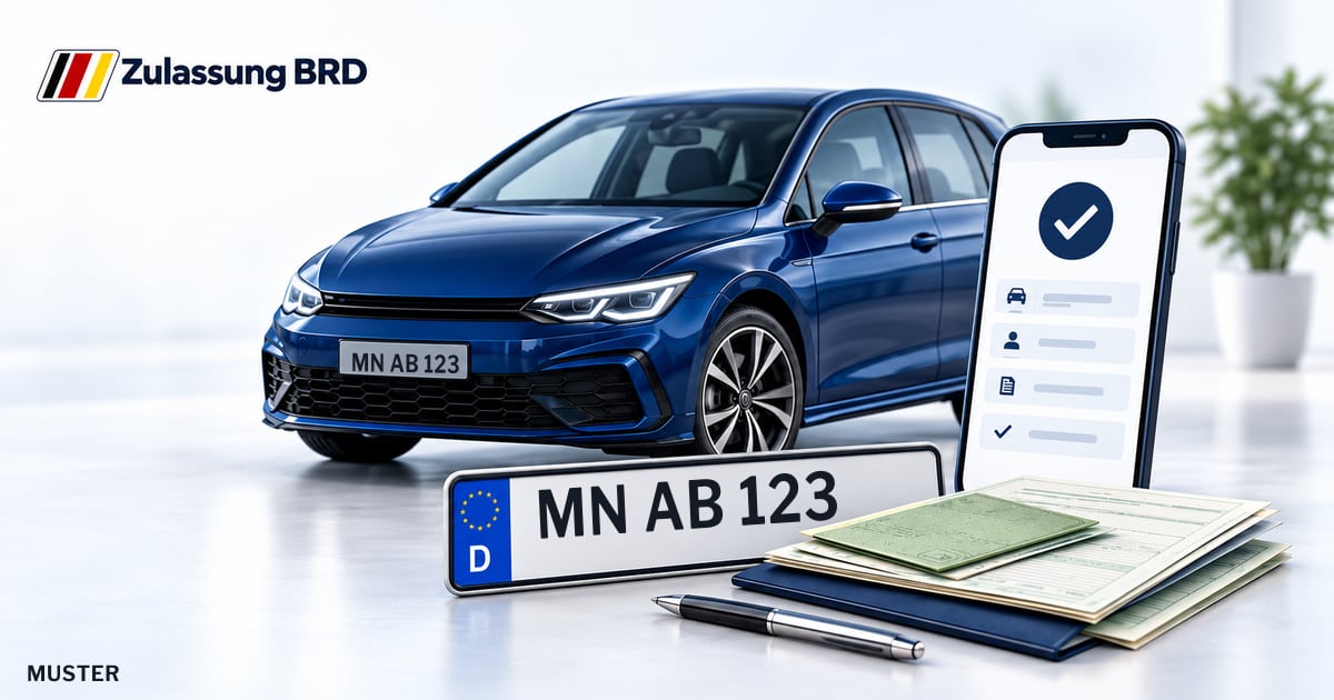 Online Fahrzeugzulassung in Bad Wörishofen: Musterkennzeichen MN AB 123, Auto und Fahrzeugpapiere und Smartphone. Illustration mit Logo von Zulassung BRD.